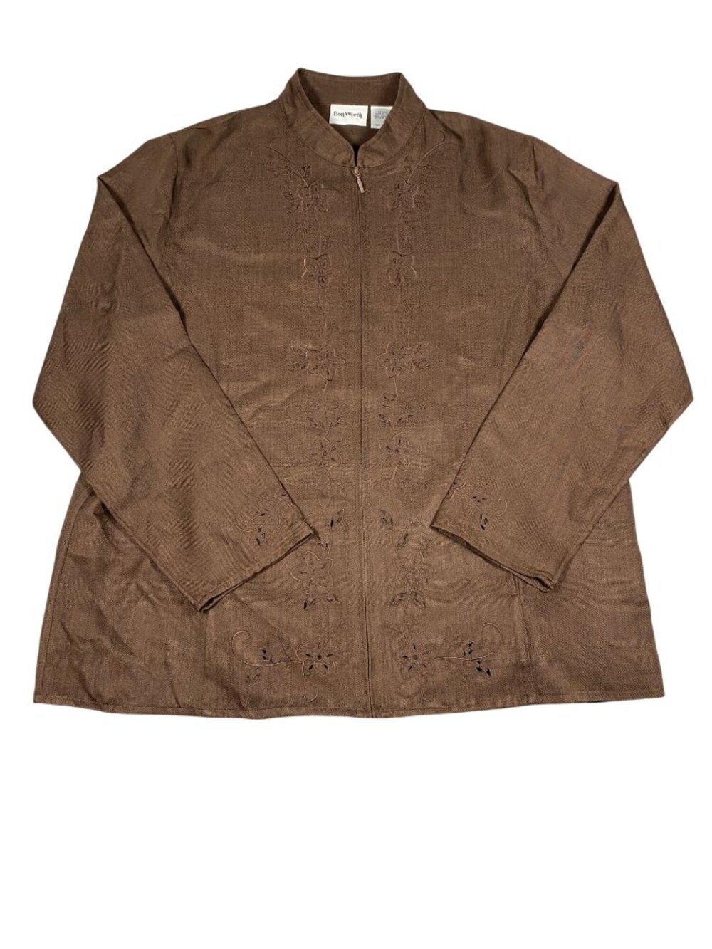 BonWorth Brown Embroidered Floral Zip-Up Jacket Womens L Polyester Long Sleeve